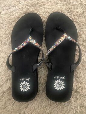 Yellow Box Black Flip Flop Sandals with Multicolor Rhinestone Straps
